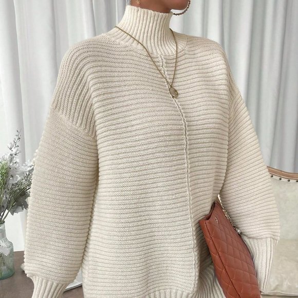 . Sweaters - Apricot Casual Womens High Neck Drop Shoulder Split Hem Sweater